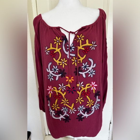 Indigo Threads Womens Embroidered Maroon Peasant Boho Shirt 1X - Picture 2 of 6